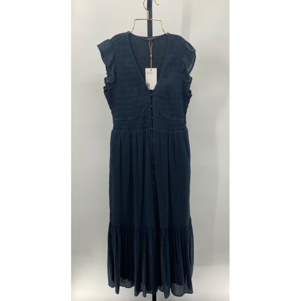 Quince Womens Organic Textured Cotton Smocked V-Neck Midi Dress Navy S NWT